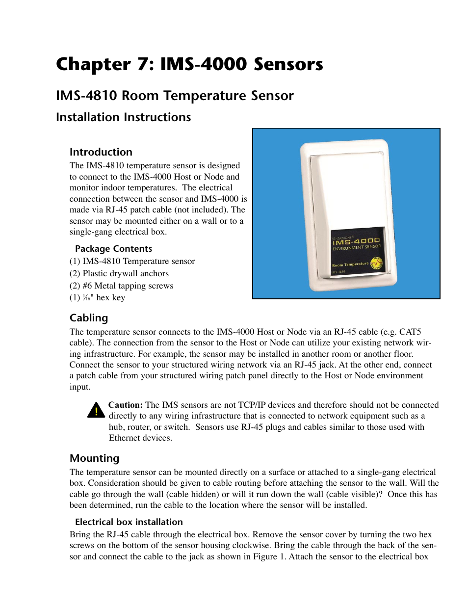 Chapter 7: ims-4000 sensors, Ims-4810 room temperature sensor, Installation instructions | Introduction, Package contents, Cabling, Mounting, Electrical box installation, Cabling mounting | Phonetics IMS-4000 User Manual | Page 107 / 166