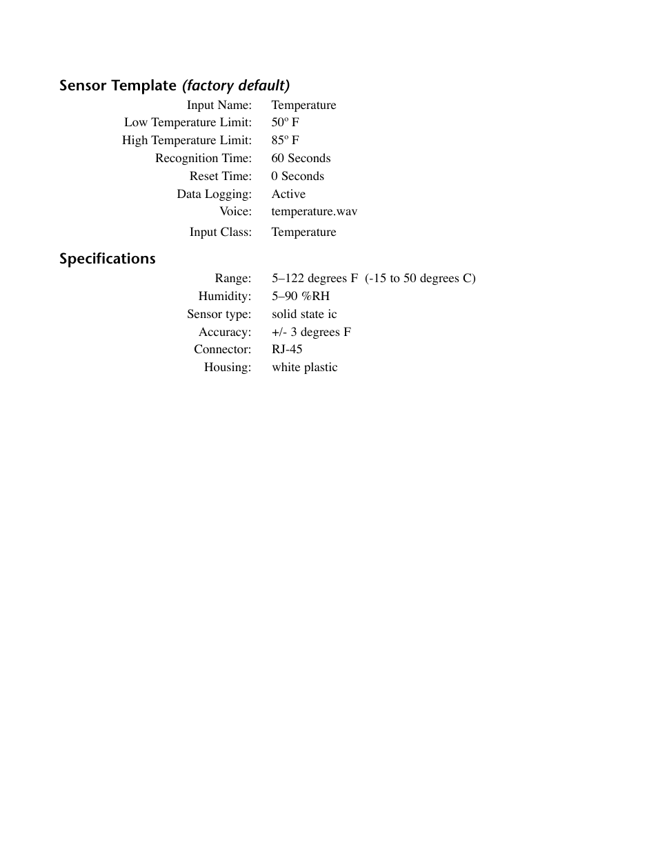 Sensor template (factory default), Specifications, Sensor template (factory default) specifications | Phonetics IMS-4000 User Manual | Page 110 / 166