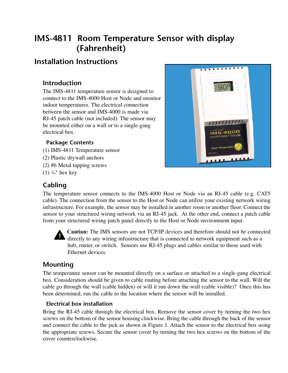 Ims-4811 room temperature sensor with display, Installation instructions, Introduction | Package contents, Cabling, Mounting, Electrical box installation, Cabling mounting | Phonetics IMS-4000 User Manual | Page 111 / 166