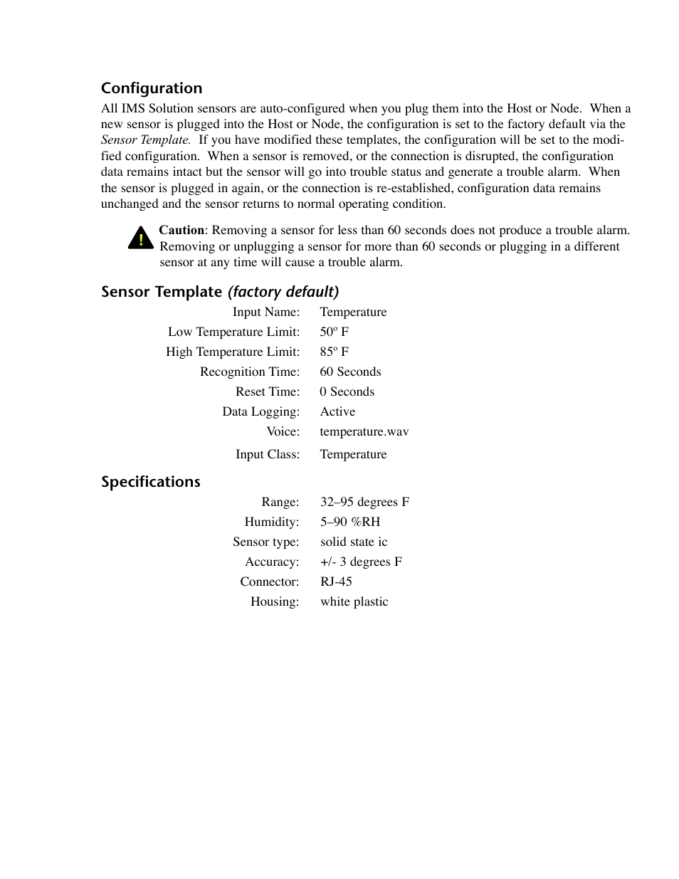 Configuration, Sensor template (factory default), Specifications | Phonetics IMS-4000 User Manual | Page 113 / 166