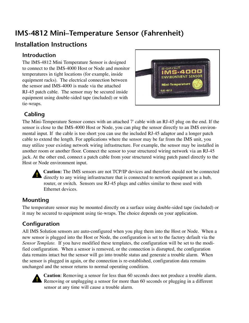 Ims-4812 mini–temperature sensor (fahrenheit), Installation instructions, Introduction | Cabling, Mounting, Configuration, Introduction cabling mounting configuration | Phonetics IMS-4000 User Manual | Page 114 / 166