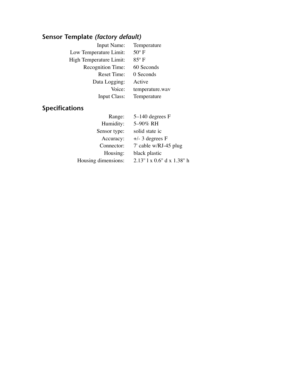 Sensor template (factory default), Specifications, Sensor template (factory default) specifications | Phonetics IMS-4000 User Manual | Page 115 / 166