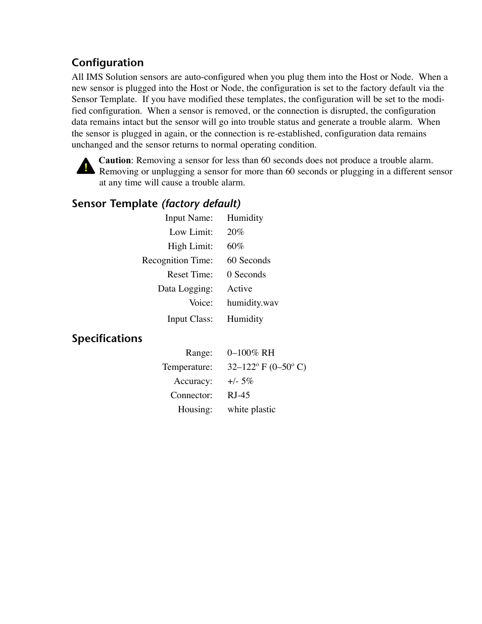 Configuration, Sensor template (factory default), Specifications | Phonetics IMS-4000 User Manual | Page 121 / 166