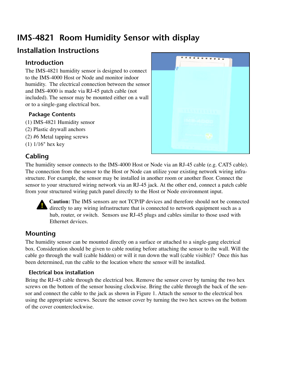 Ims-4821 room humidity sensor with display, Installation instructions, Introduction | Cabling, Mounting, Electrical box installation, Introduction cabling mounting | Phonetics IMS-4000 User Manual | Page 122 / 166