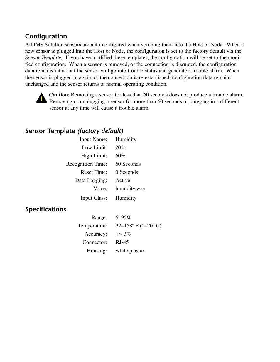 Configuration, Sensor template (factory default), Specifications | Phonetics IMS-4000 User Manual | Page 124 / 166