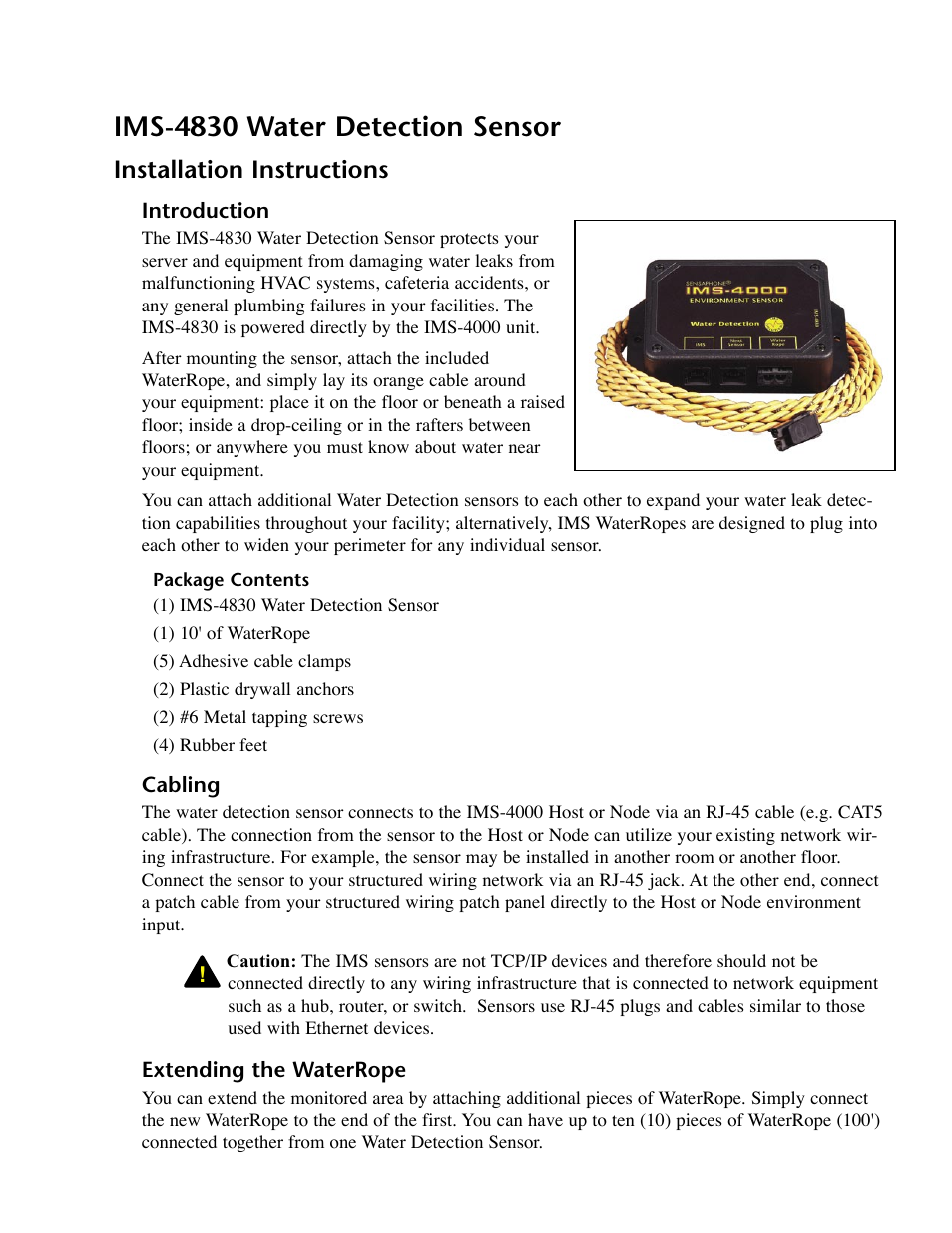 Ims-4830 water detection sensor, Installation instructions, Introduction | Cabling, Extending the waterrope, Introduction cabling extending the waterrope | Phonetics IMS-4000 User Manual | Page 125 / 166