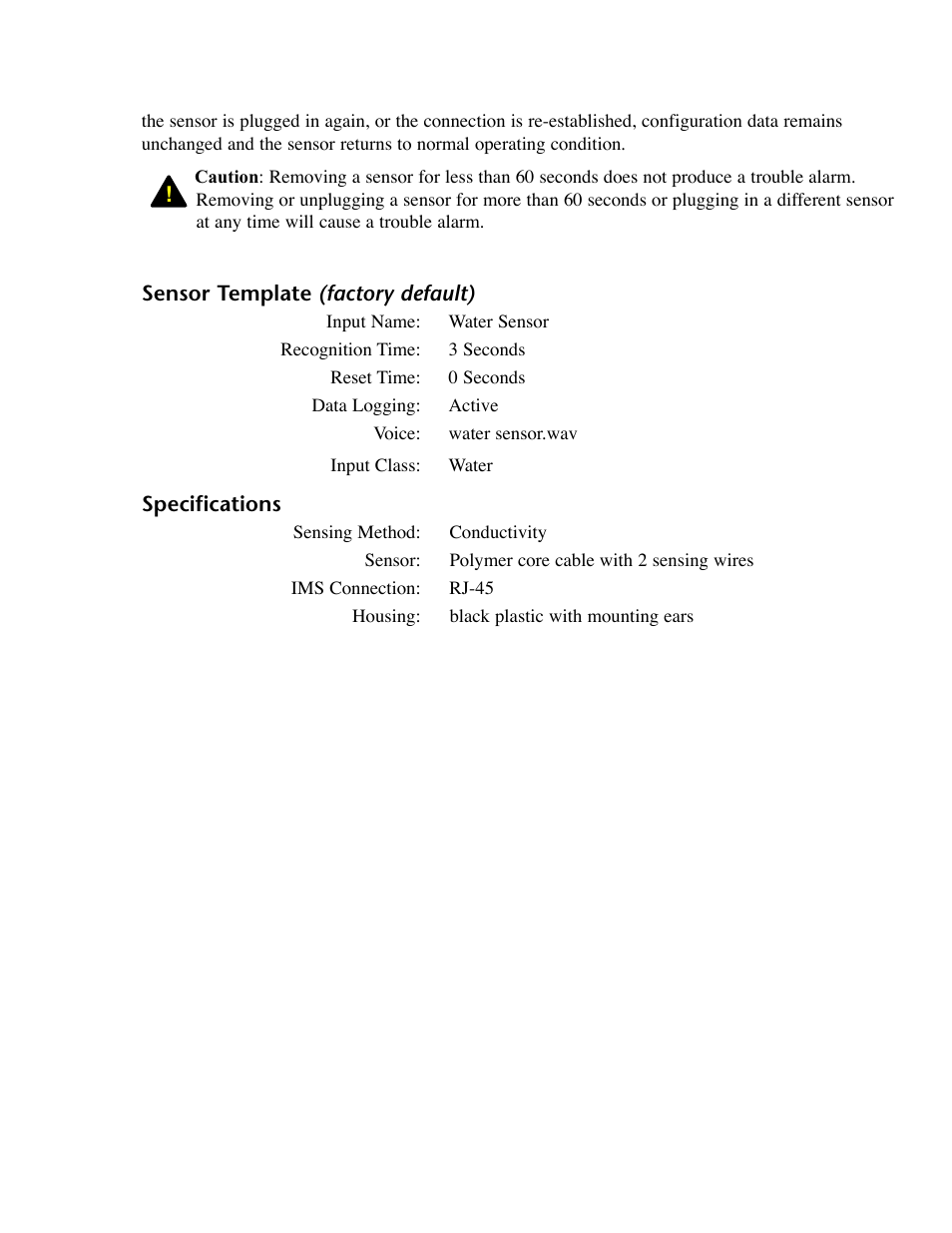 Sensor template (factory default), Specifications, Sensor template (factory default) specifications | Phonetics IMS-4000 User Manual | Page 127 / 166