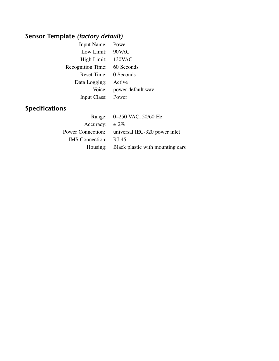 Sensor template (factory default), Specifications, Sensor template (factory default) specifications | Phonetics IMS-4000 User Manual | Page 130 / 166