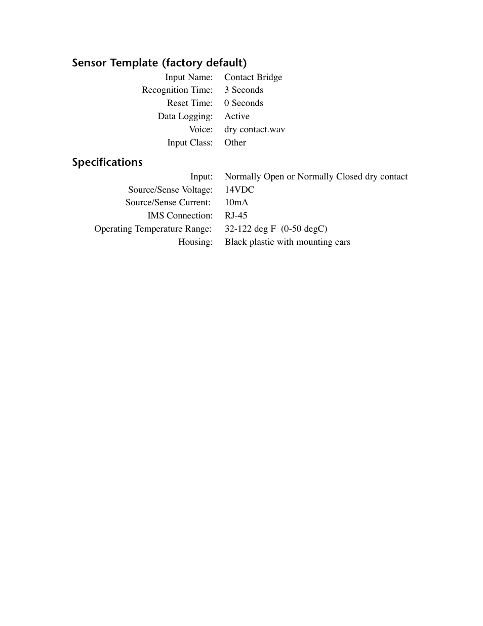 Sensor template (factory default), Specifications, Sensor template (factory default) specifications | Phonetics IMS-4000 User Manual | Page 133 / 166