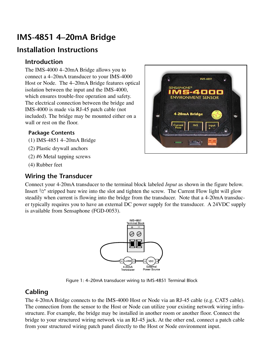 Ims-4851 4–20ma bridge, Installation instructions, Introduction | Package contents, Wiring the transducer, Cabling, Wiring the transducer cabling | Phonetics IMS-4000 User Manual | Page 134 / 166