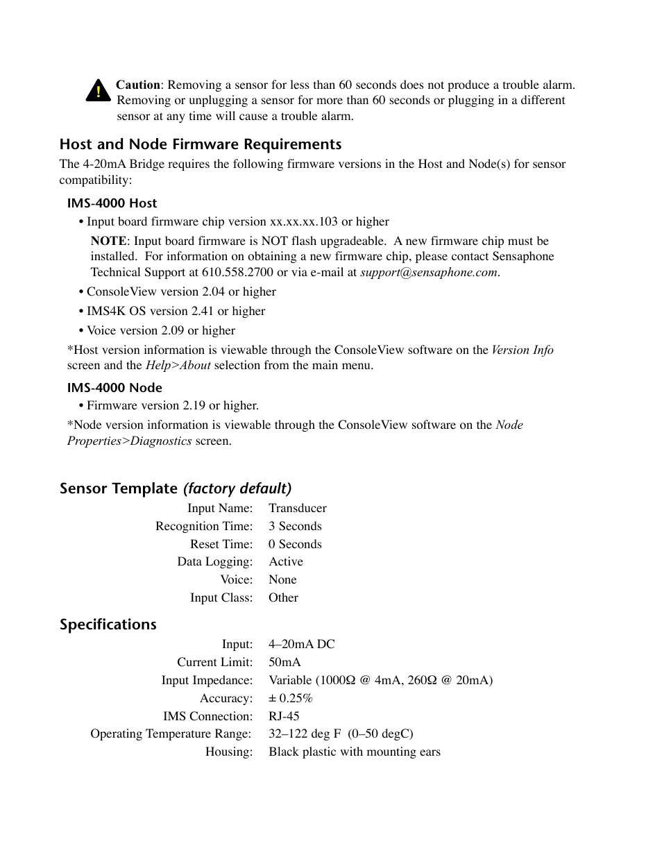 Host and node firmware requirements, Ims-4000 host, Ims-4000 node | Sensor template (factory default), Specifications, Ims-4000 host ims-4000 node, Sensor template (factory default) specifications | Phonetics IMS-4000 User Manual | Page 136 / 166