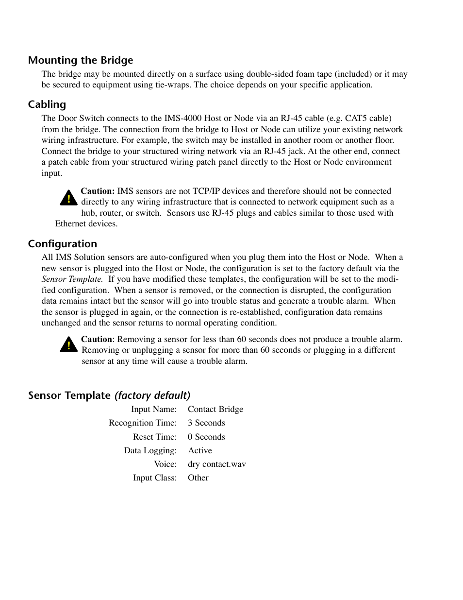 Mounting the bridge, Configuration, Sensor template (factory default) | Phonetics IMS-4000 User Manual | Page 138 / 166