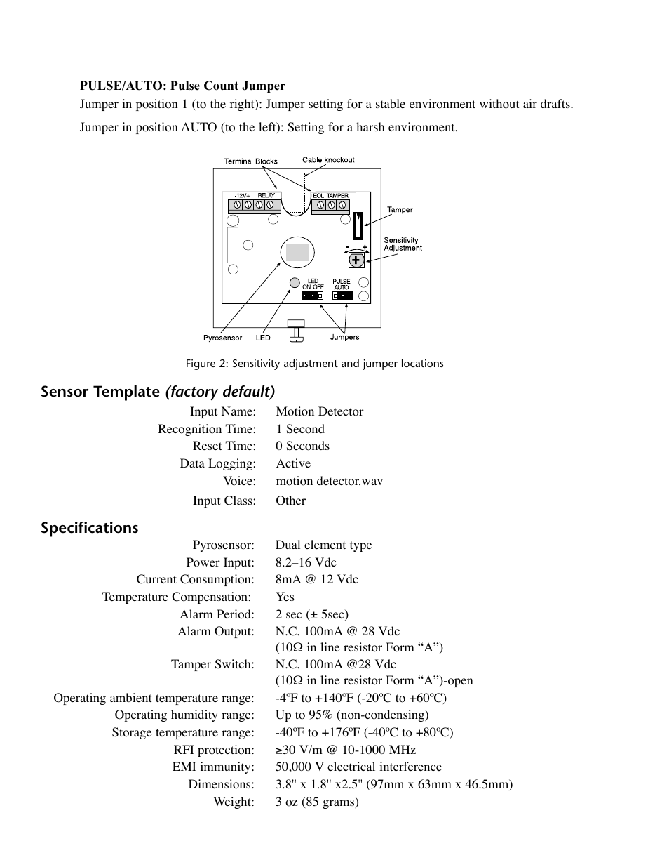 Sensor template (factory default), Specifications, Sensor template (factory default) specifications | Phonetics IMS-4000 User Manual | Page 142 / 166