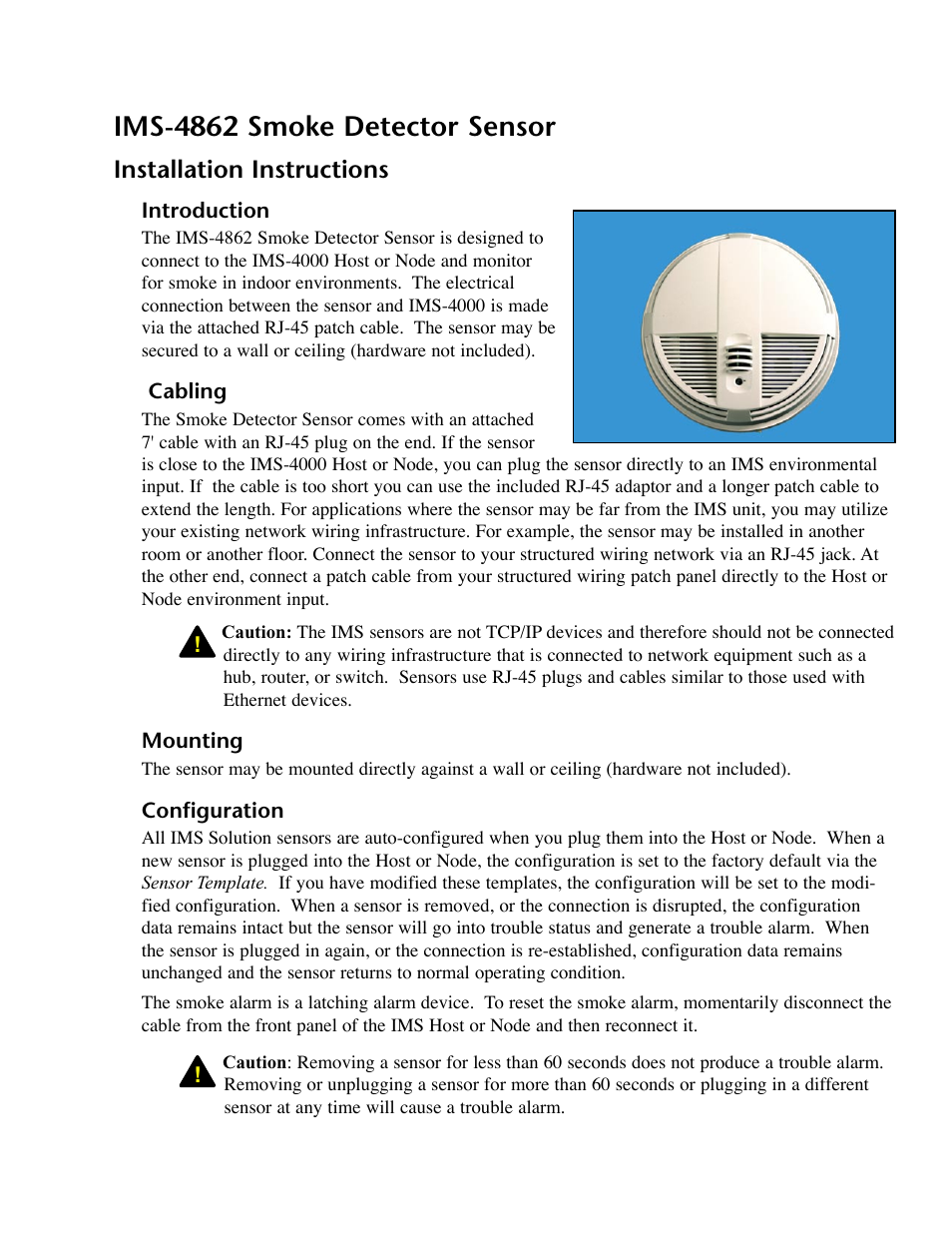 Ims-4862 smoke detector sensor, Installation instructions, Introduction | Cabling, Mounting, Configuration, Introduction cabling mounting configuration | Phonetics IMS-4000 User Manual | Page 143 / 166