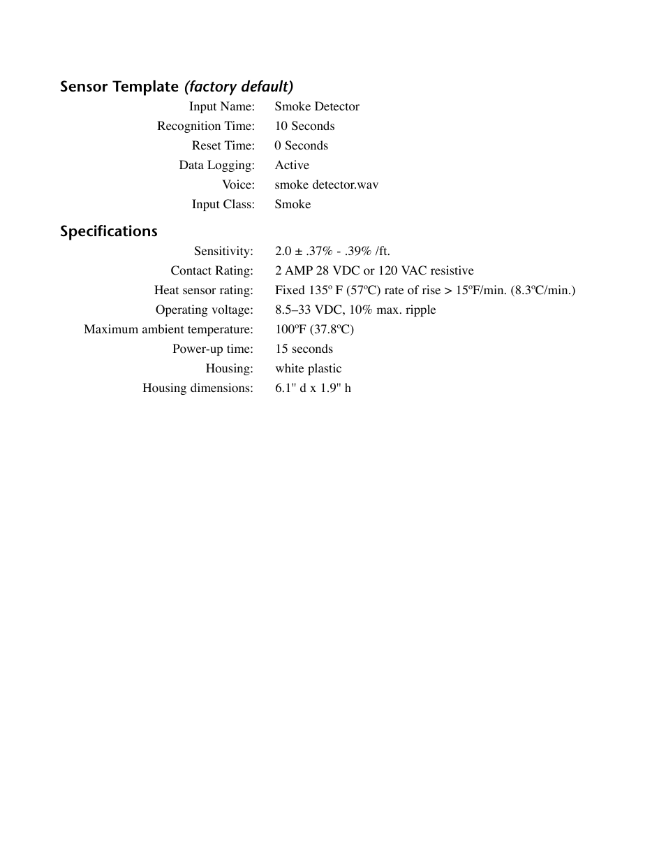 Sensor template (factory default), Specifications, Sensor template (factory default) specifications | Phonetics IMS-4000 User Manual | Page 144 / 166