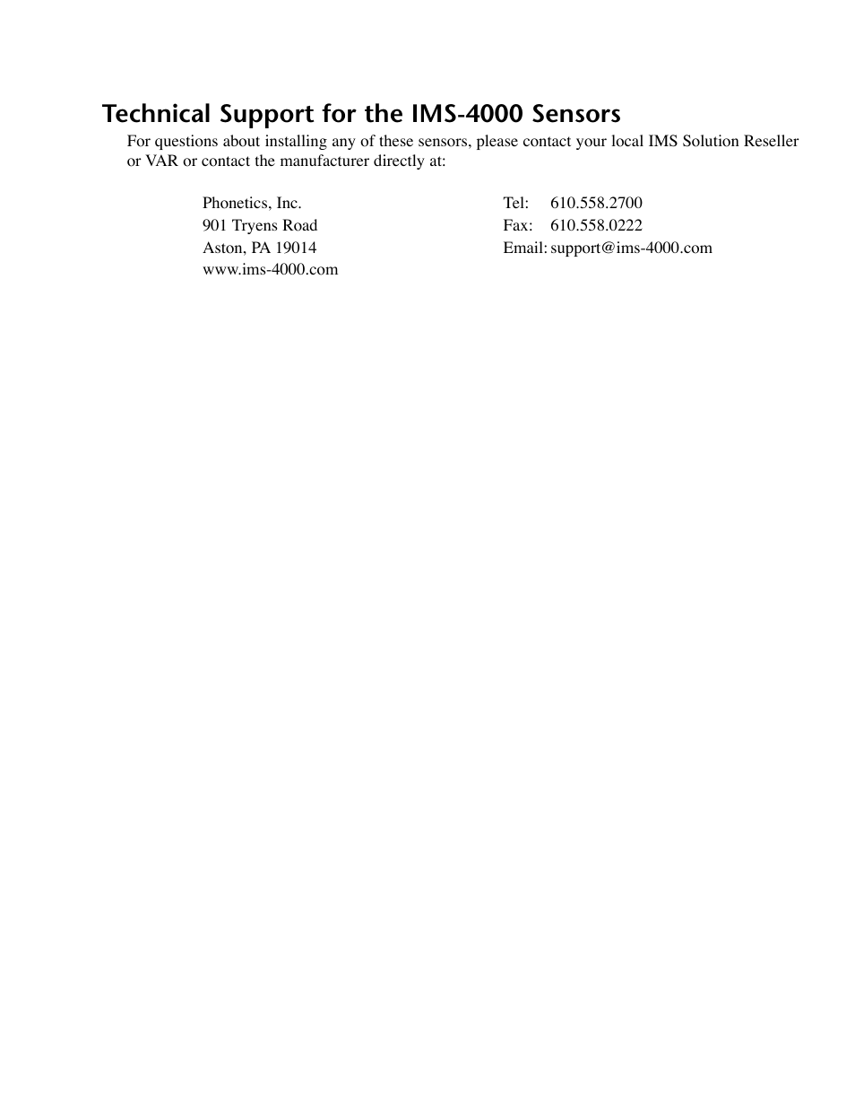 Technical support for the ims-4000 sensors | Phonetics IMS-4000 User Manual | Page 145 / 166