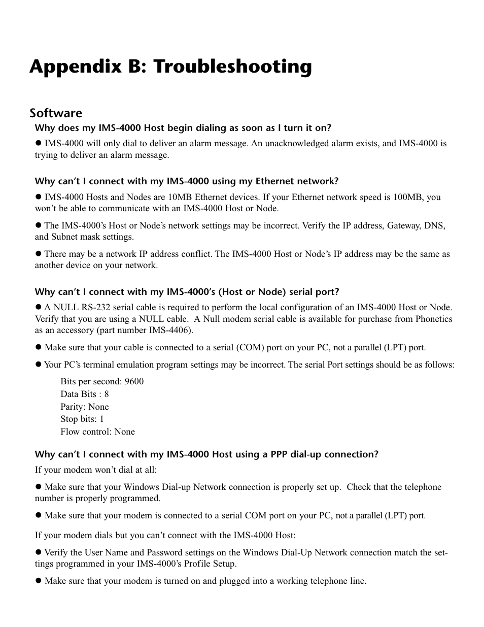 Appendix b: troubleshooting, Software | Phonetics IMS-4000 User Manual | Page 149 / 166