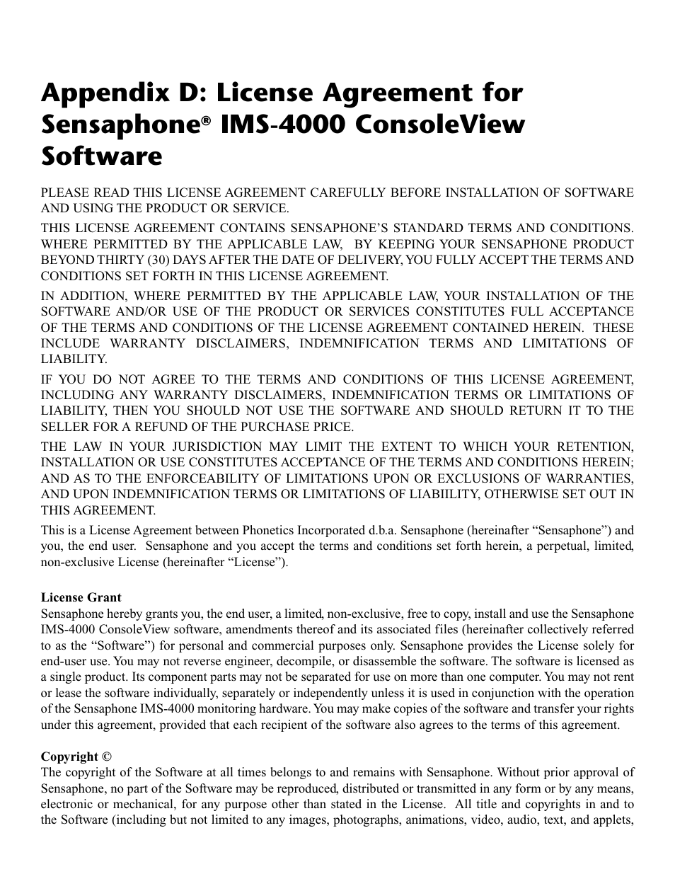 Appendix d: license agreement for sensaphone, Ims-4000consoleview software, Ims-4000 consoleview software | Phonetics IMS-4000 User Manual | Page 153 / 166