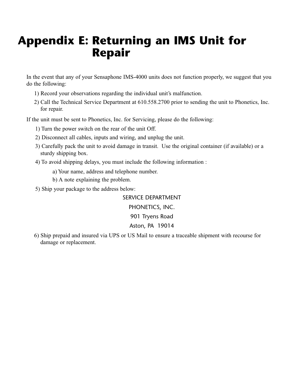 Appendix e: returning an ims unit for, Appendix e: returning an ims unit for repair | Phonetics IMS-4000 User Manual | Page 157 / 166