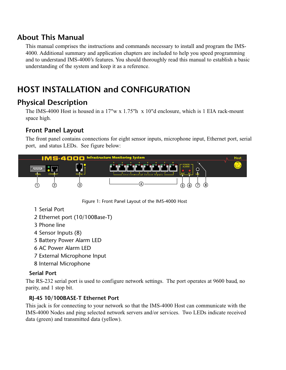 About this manual, Host installation and configuration, Physical description | Front panel layout, Serial port, Rj-45 10/100base-t ethernet port, Serial port rj-45 10/100base-t ethernet port | Phonetics IMS-4000 User Manual | Page 20 / 166