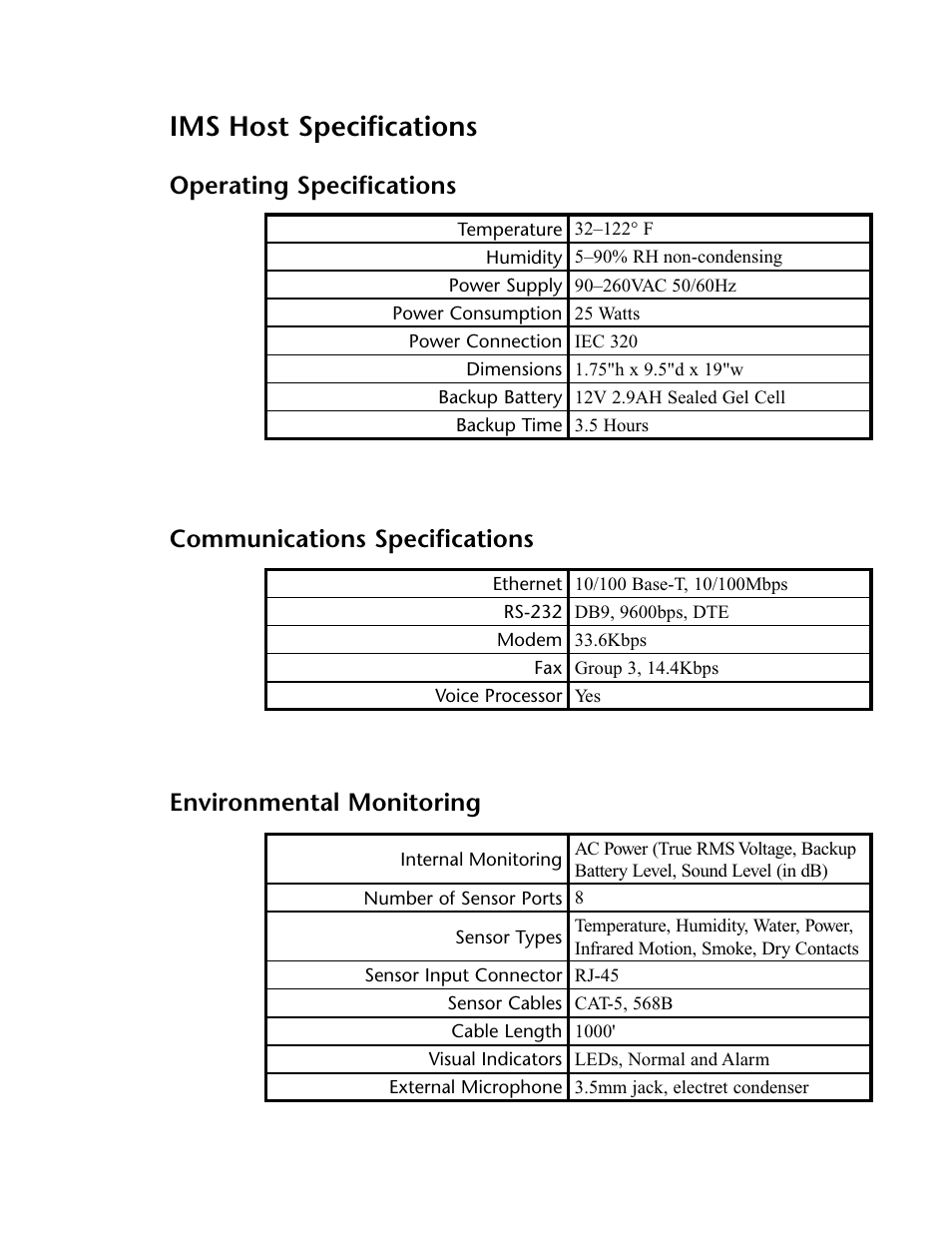 Ims host specifications, Operating specifications, Communications specifications | Environmental monitoring | Phonetics IMS-4000 User Manual | Page 31 / 166