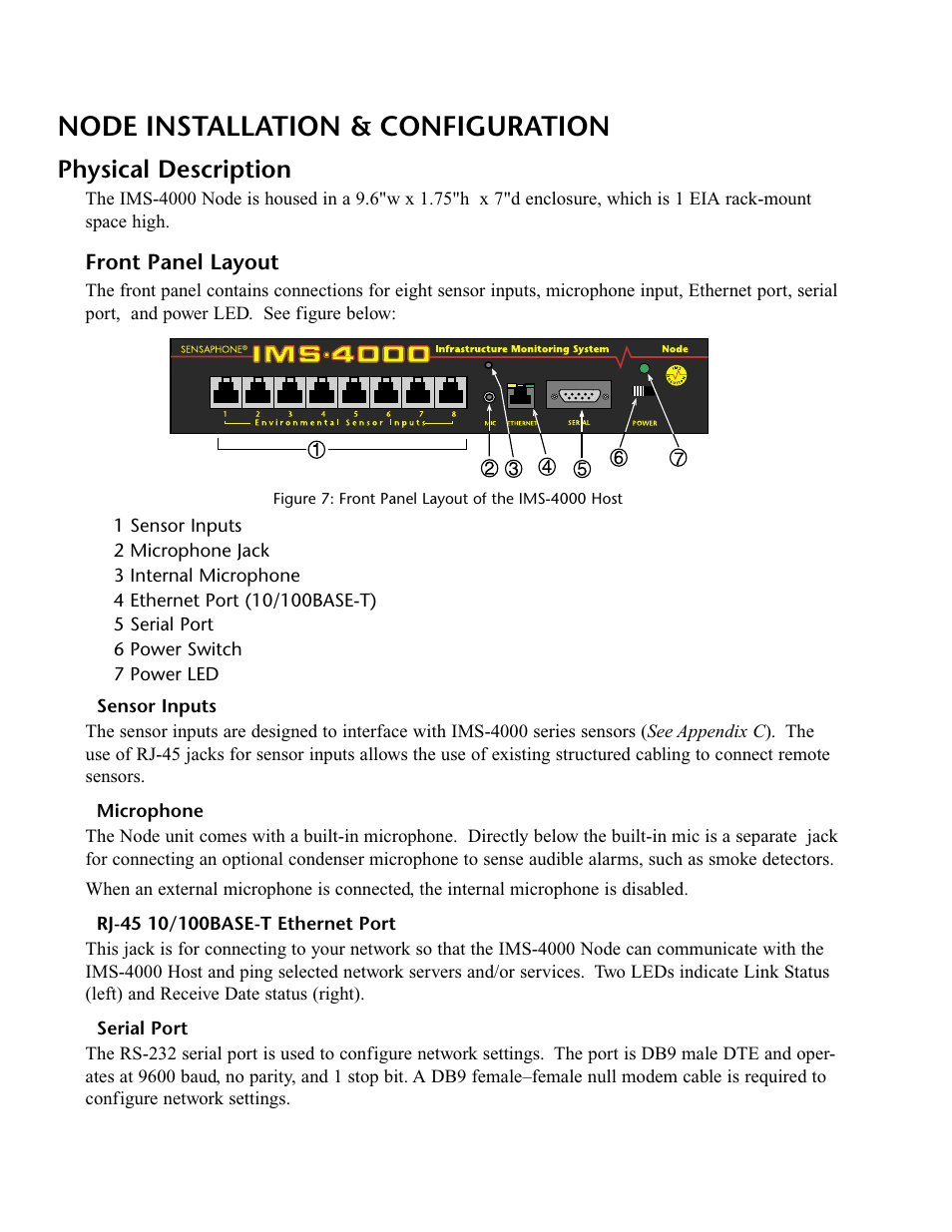 Node installation & configuration, Physical description, Front panel layout | Sensor inputs, Microphone, Rj-45 10base-t ethernet port, Serial port | Phonetics IMS-4000 User Manual | Page 32 / 166