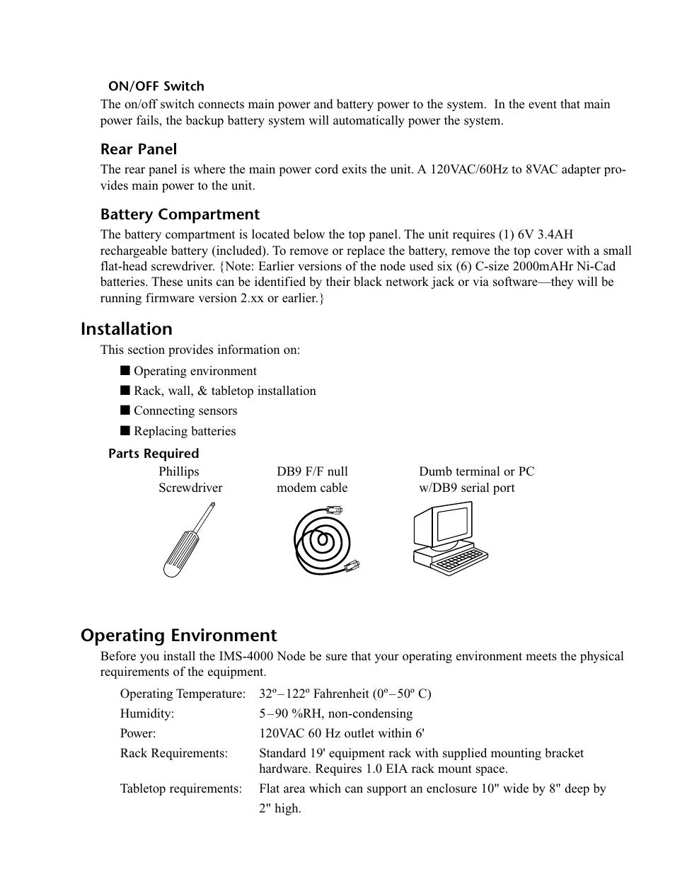 On/off switch, Rear panel, Battery compartment | Installation, Parts required, Operating environment, Rear panel battery compartment | Phonetics IMS-4000 User Manual | Page 33 / 166