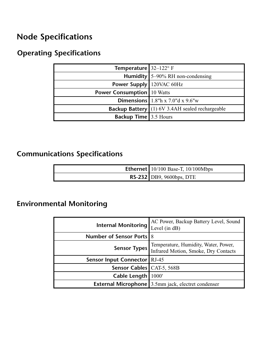 Node specifications, Operating specifications, Communications specifications | Environmental monitoring | Phonetics IMS-4000 User Manual | Page 38 / 166