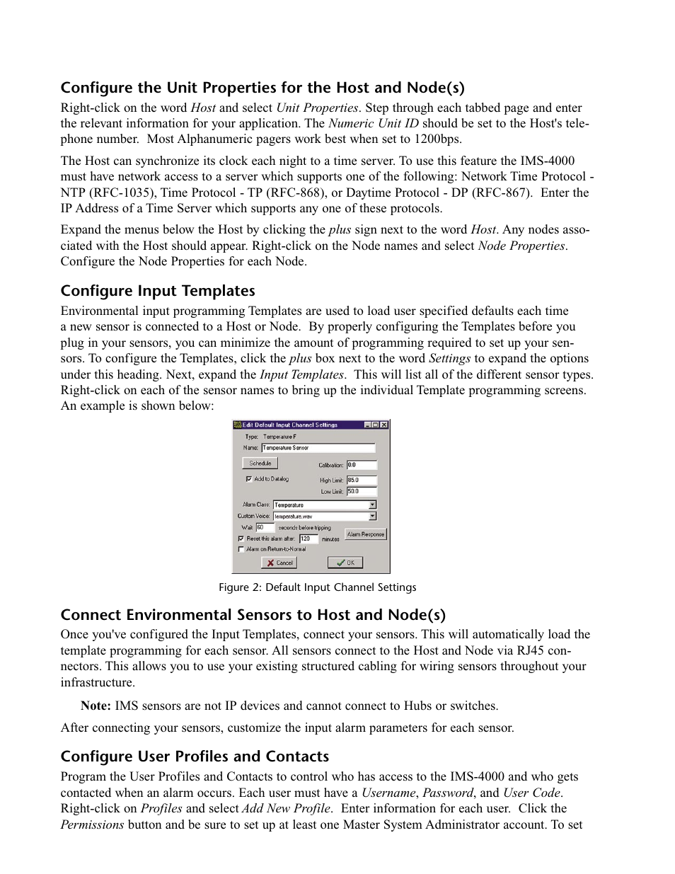 Configure input templates, Connect environmental sensors to host and node(s), Configure user profiles and contacts | Phonetics IMS-4000 User Manual | Page 40 / 166