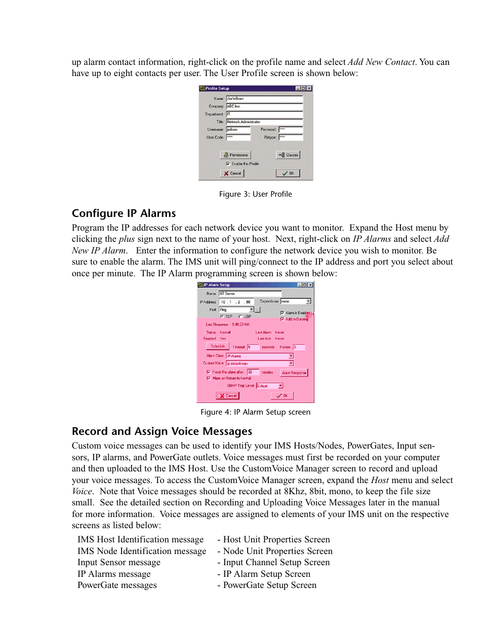 Configure ip alarms, Record and assign voice messages | Phonetics IMS-4000 User Manual | Page 41 / 166