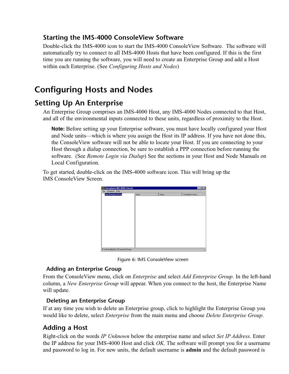 Starting the ims-4000 consoleview software, Configuring hosts and nodes, Setting up an enterprise | Adding an enterprise group, Deleting an enterprise group, Adding a host | Phonetics IMS-4000 User Manual | Page 43 / 166