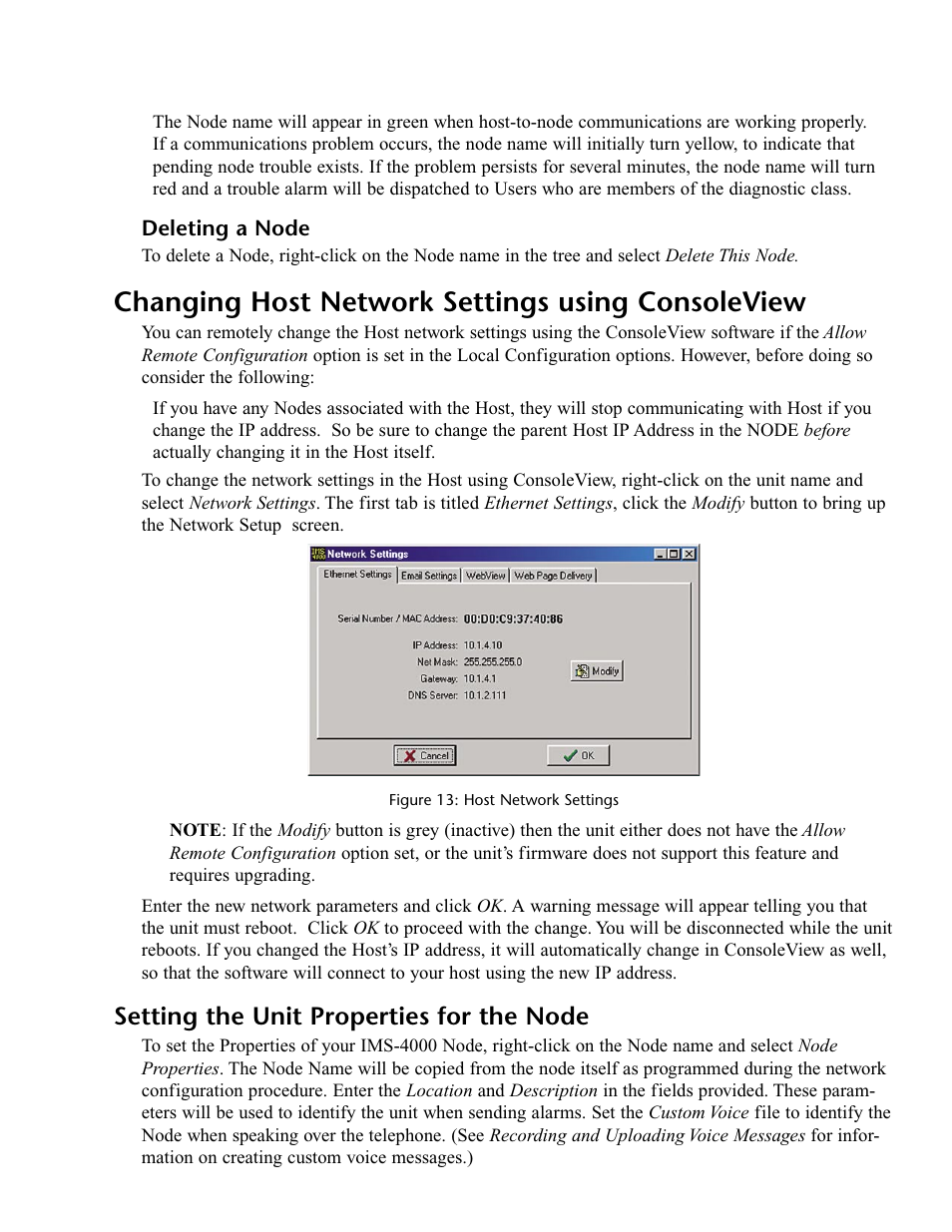 Deleting a node, Changing host network settings using consoleview, Setting the unit properties for the node | Phonetics IMS-4000 User Manual | Page 47 / 166