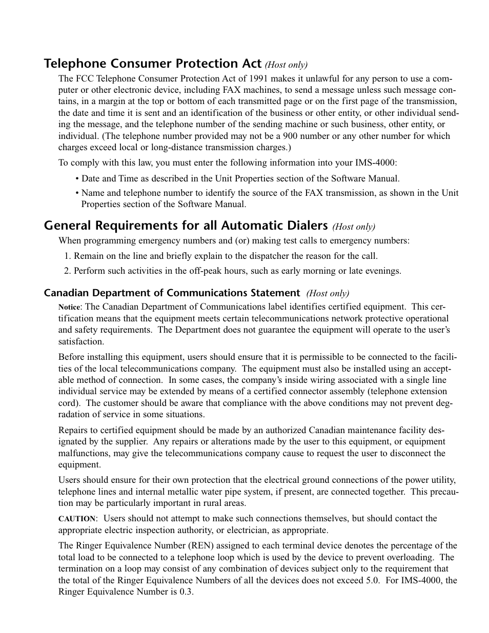 Telephone consumer protection act (host only), Telephone consumer protection act, General requirements for all automatic dialers | Phonetics IMS-4000 User Manual | Page 5 / 166