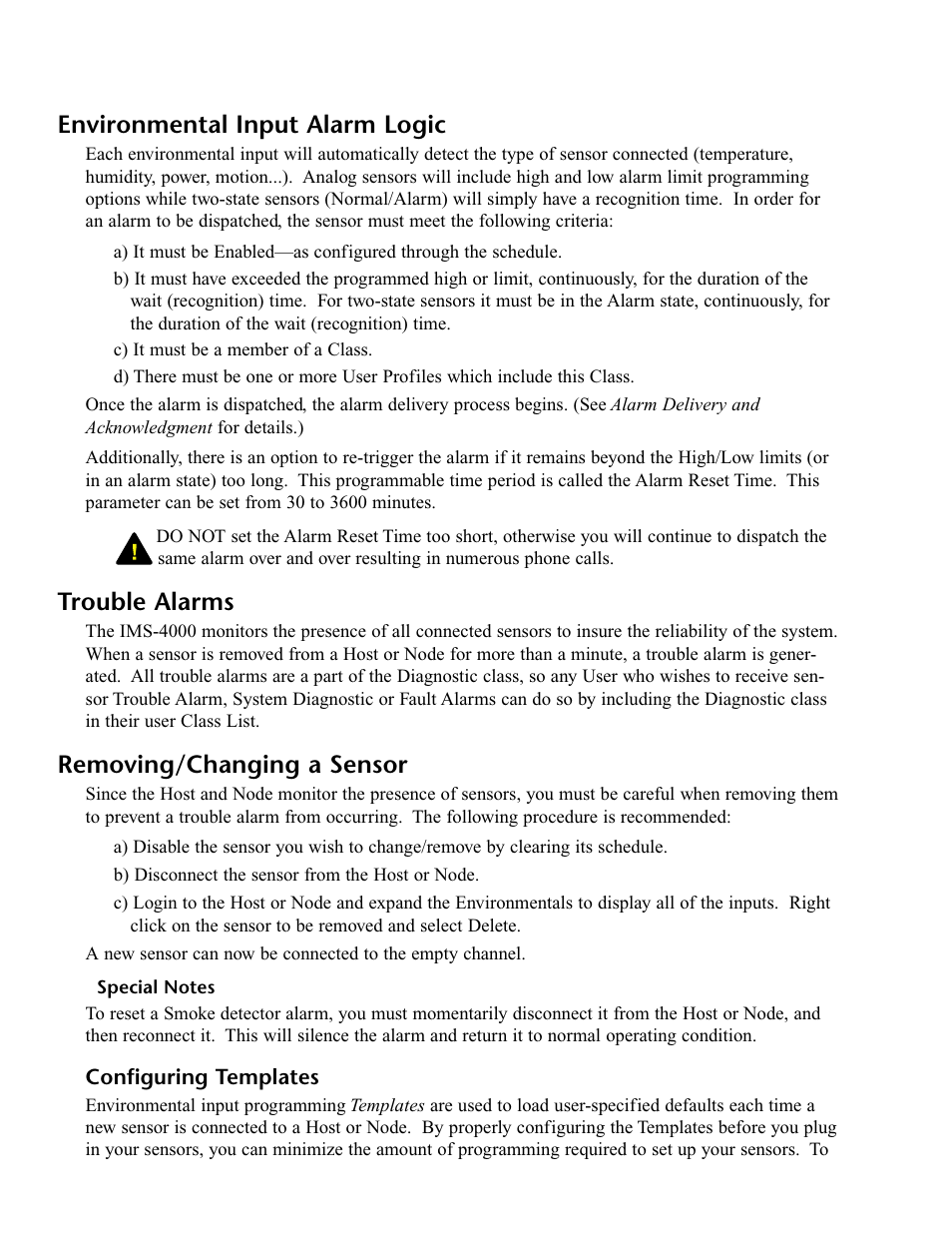 Environmental input alarm logic, Trouble alarms, Removing/changing a sensor | Special notes, Configuring templates | Phonetics IMS-4000 User Manual | Page 54 / 166