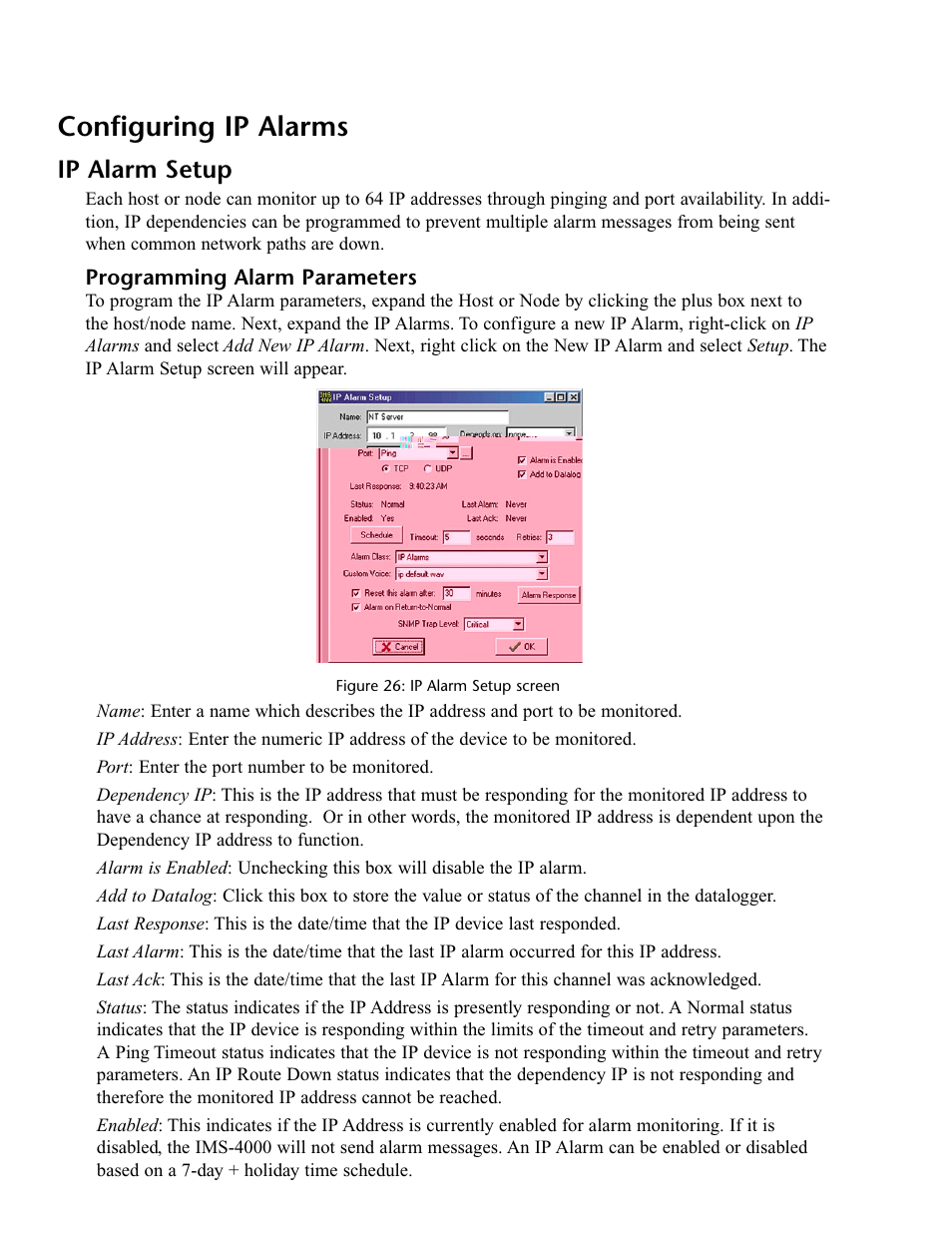 Configuring ip alarms, Ip alarm setup, Programming alarm parameters | Configuring ip alarms ip alarm setup | Phonetics IMS-4000 User Manual | Page 56 / 166