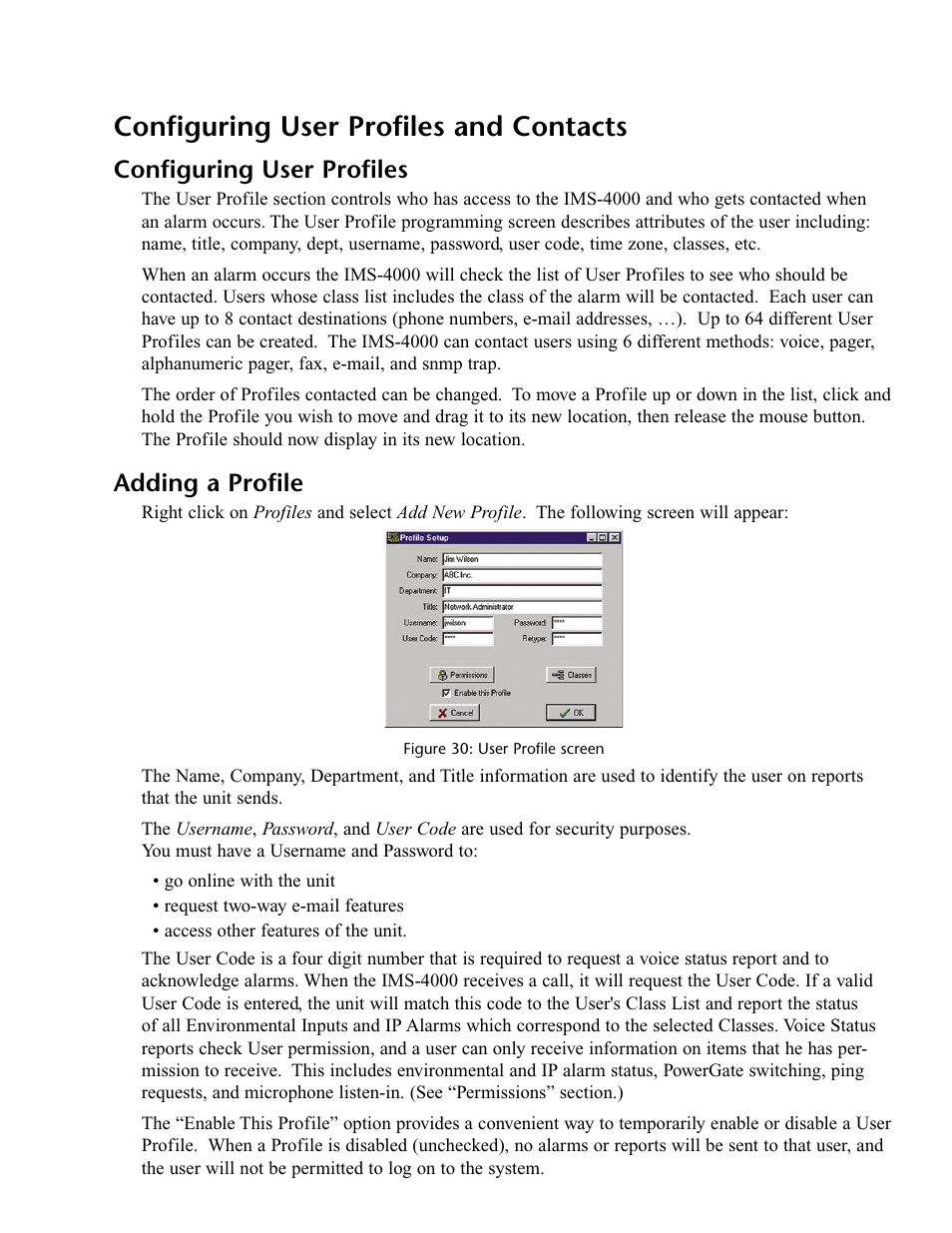 Configuring user profiles and contacts, Configuring user profiles, Adding a profile | Configuring user profiles adding a profile | Phonetics IMS-4000 User Manual | Page 61 / 166