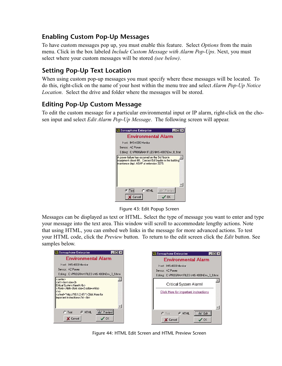 Enabling custom pop-up messages, Setting pop-up text location, Editing pop-up custom message | Phonetics IMS-4000 User Manual | Page 71 / 166