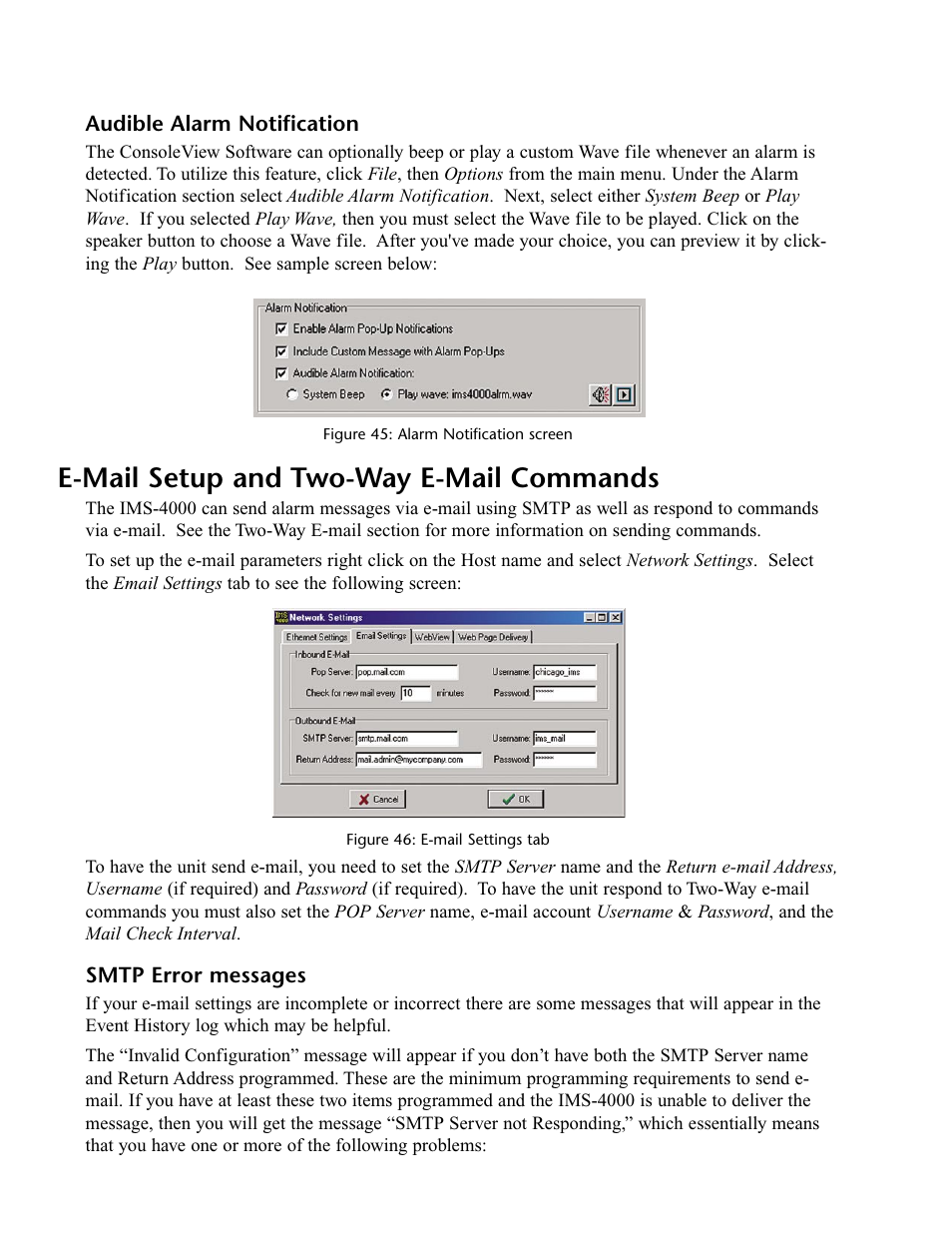 Audible alarm notification, E-mail setup and two-way e-mail commands, Smtp error messages | Phonetics IMS-4000 User Manual | Page 72 / 166