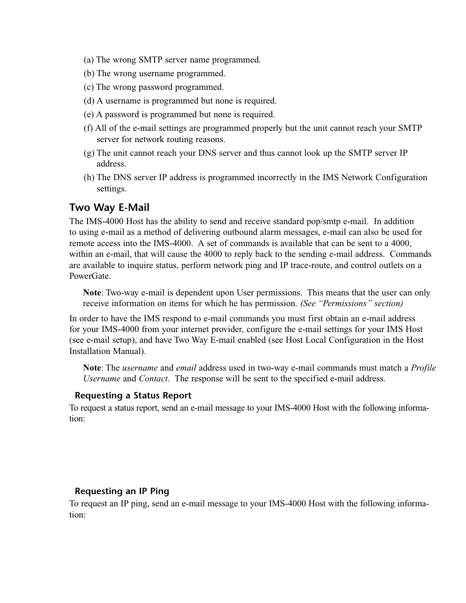 Two way e-mail, Requesting a status report, Requesting an ip ping | Requesting a status report requesting an ip ping | Phonetics IMS-4000 User Manual | Page 73 / 166