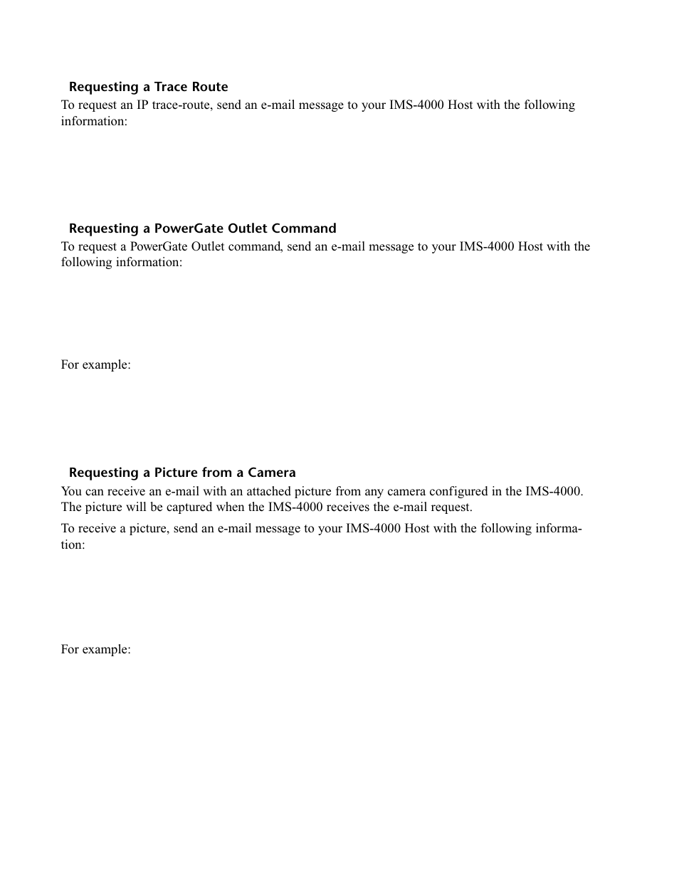 Requesting a trace route, Requesting a powergate outlet command, Requesting a picture from a camera | Phonetics IMS-4000 User Manual | Page 74 / 166