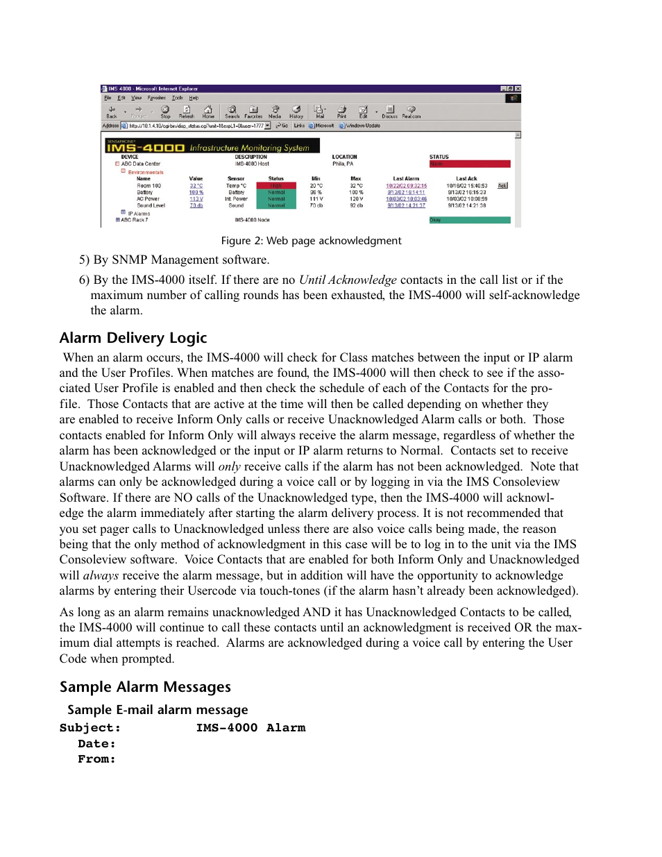 Alarm delivery logic, Sample alarm messages, Sample e-mail alarm message | Alarm delivery logic sample alarm messages | Phonetics IMS-4000 User Manual | Page 86 / 166