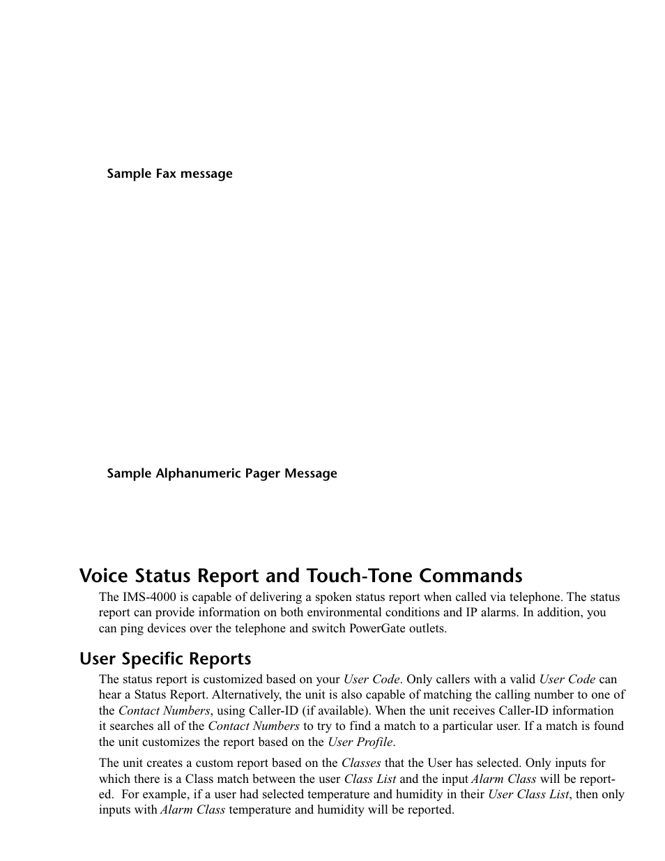 Sample fax message, Voice status report and touch-tone commands, User specific reports | Phonetics IMS-4000 User Manual | Page 87 / 166