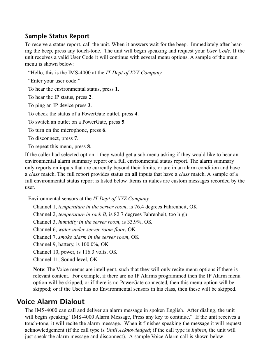 Sample status report, Voice alarm dialout | Phonetics IMS-4000 User Manual | Page 88 / 166