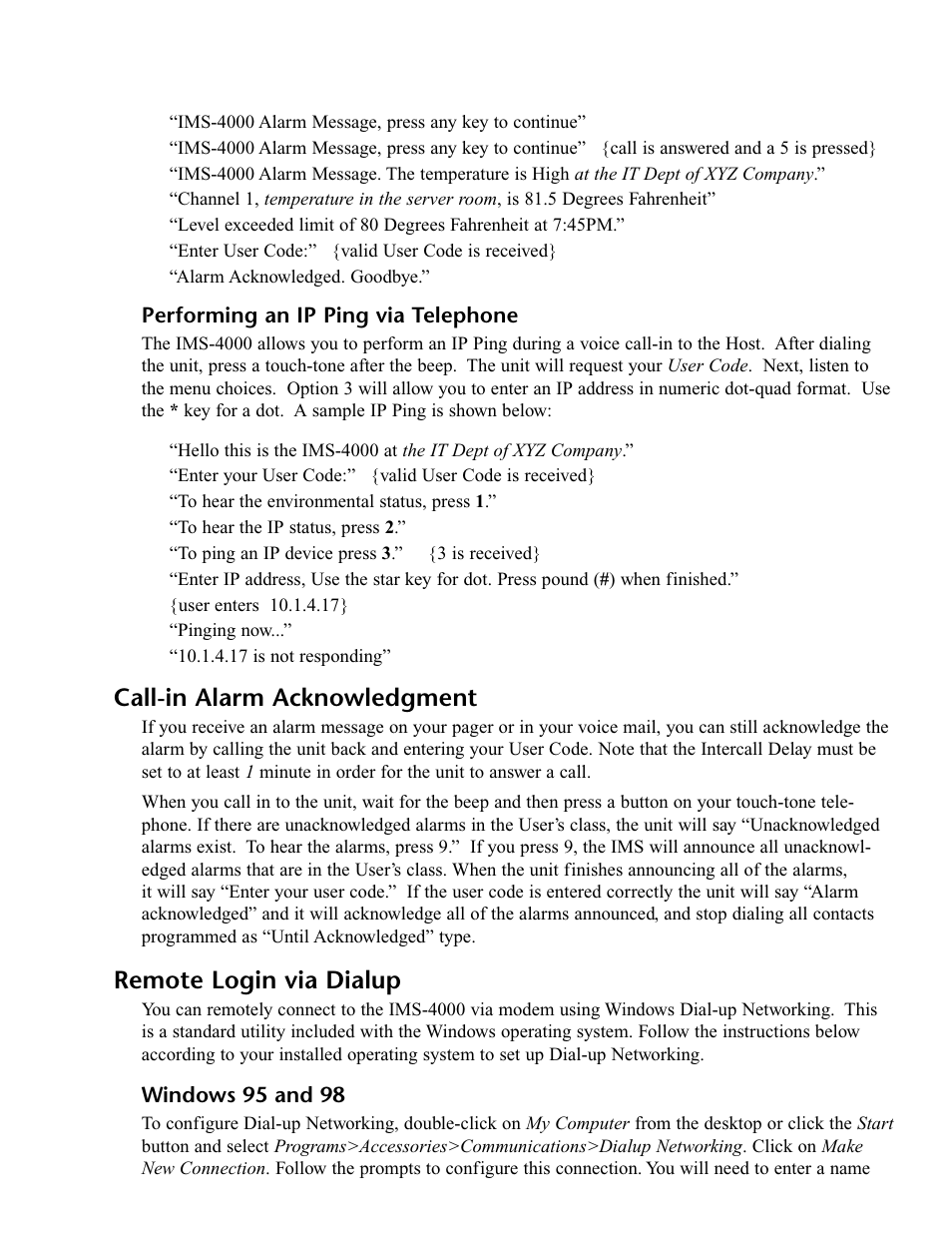 Performing an ip ping via telephone, Call-in alarm acknowledgment, Remote login via dialup | Windows 95 and 98 | Phonetics IMS-4000 User Manual | Page 89 / 166