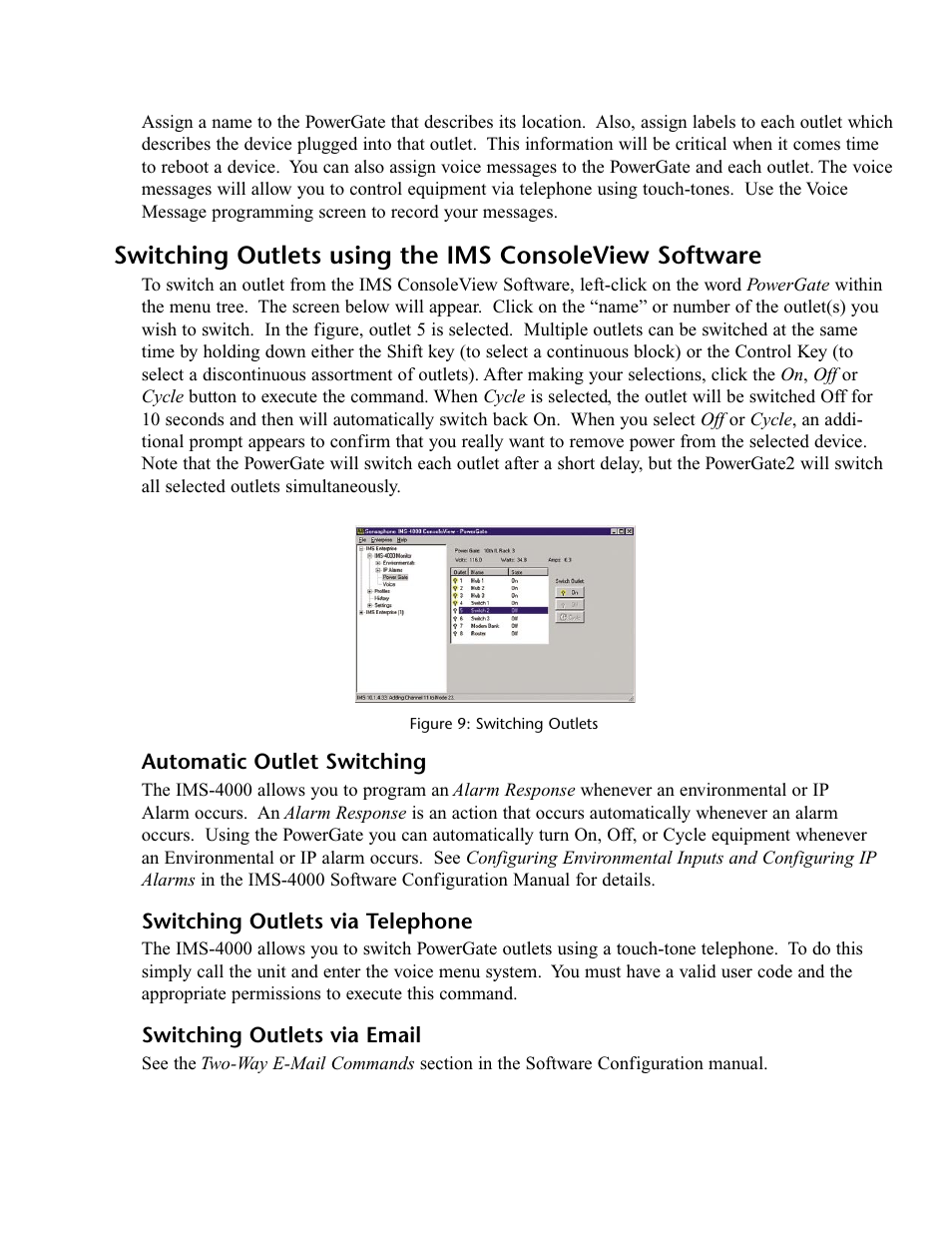 Automatic outlet switching, Switching outlets via telephone, Switching outlets via email | Phonetics IMS-4000 User Manual | Page 97 / 166