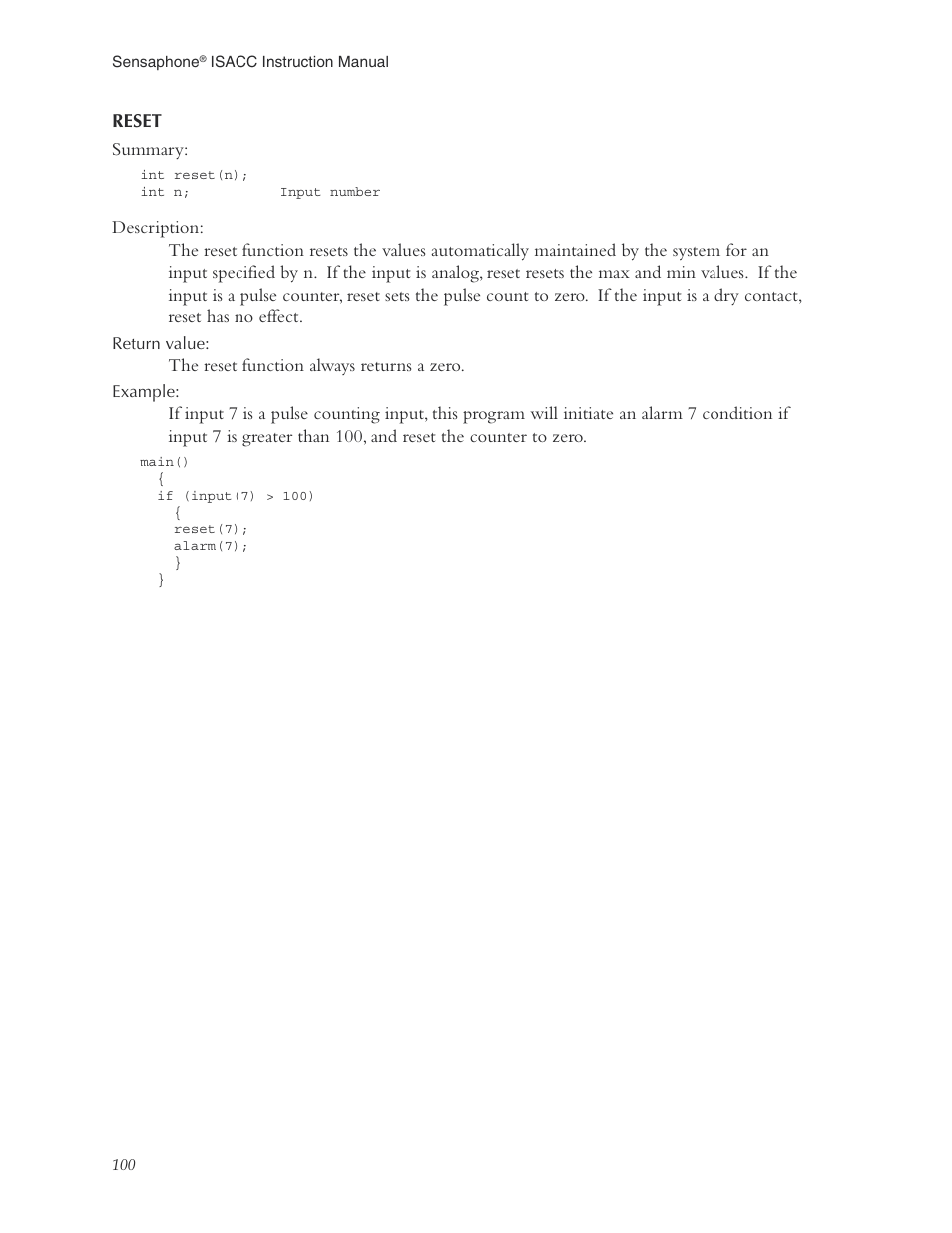 Reset | Phonetics Sensaphone ISACC 5000 User Manual | Page 100 / 143