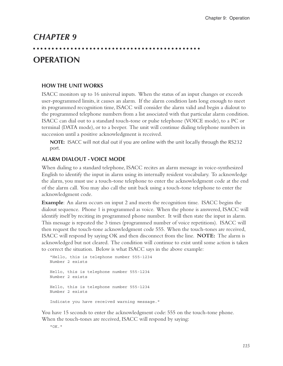 Chapter 9: operation, How the unit works, Alarm dialout - voice mode | How the unit works alarm dialout - voice mode, Chapter 9 operation | Phonetics Sensaphone ISACC 5000 User Manual | Page 115 / 143