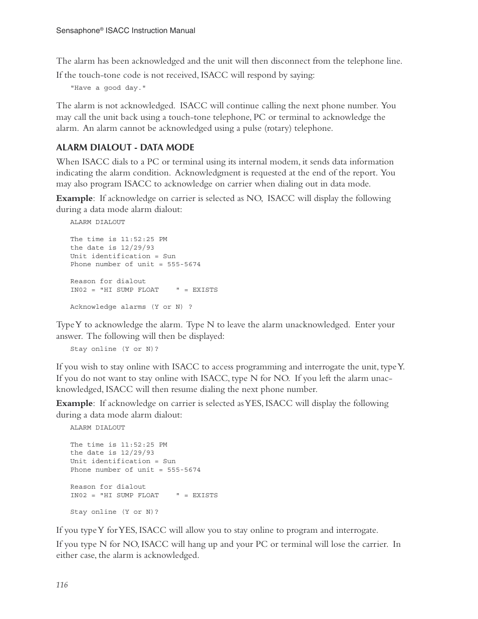 Alarm dialout - data mode | Phonetics Sensaphone ISACC 5000 User Manual | Page 116 / 143