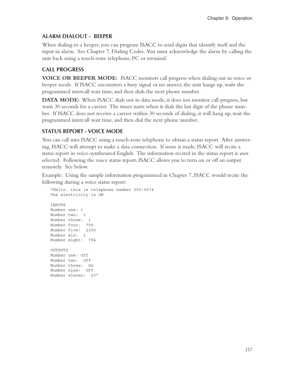 Alarm dialout - beeper, Call progress, Status report - voice mode | Phonetics Sensaphone ISACC 5000 User Manual | Page 117 / 143