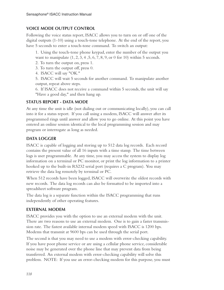 Voice mode output control, Status report - data mode, Data logger | External modem | Phonetics Sensaphone ISACC 5000 User Manual | Page 118 / 143